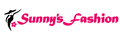 A digital graphic logo for 'Sunny's Fashion' featuring a black silhouette of a woman in a hat and a small pink flower on the left, with the brand name written in a vibrant pink cursive font on a solid white background.