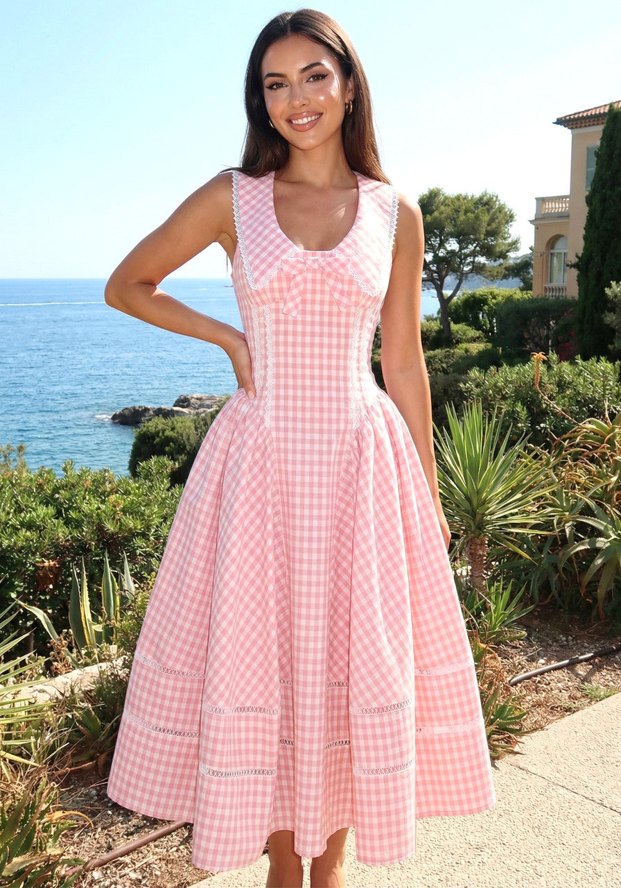 Gingham A-Line Midi Dress in Pink, photo 9 - Sunny's Fashion