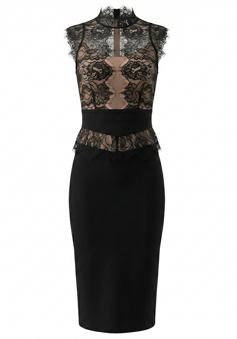 Lace Insert Midi Dress in Black, photo 1 - Sunny's Fashion