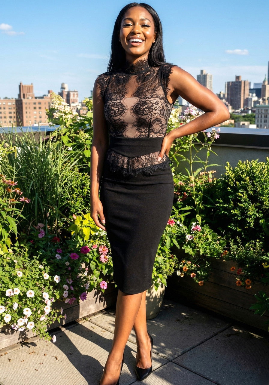 Lace Insert Midi Dress in Black, photo 3 - Sunny's Fashion