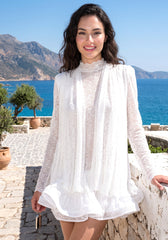 Long Sleeve Draped Ruffle Dress in White, photo 5 - Sunny's Fashion