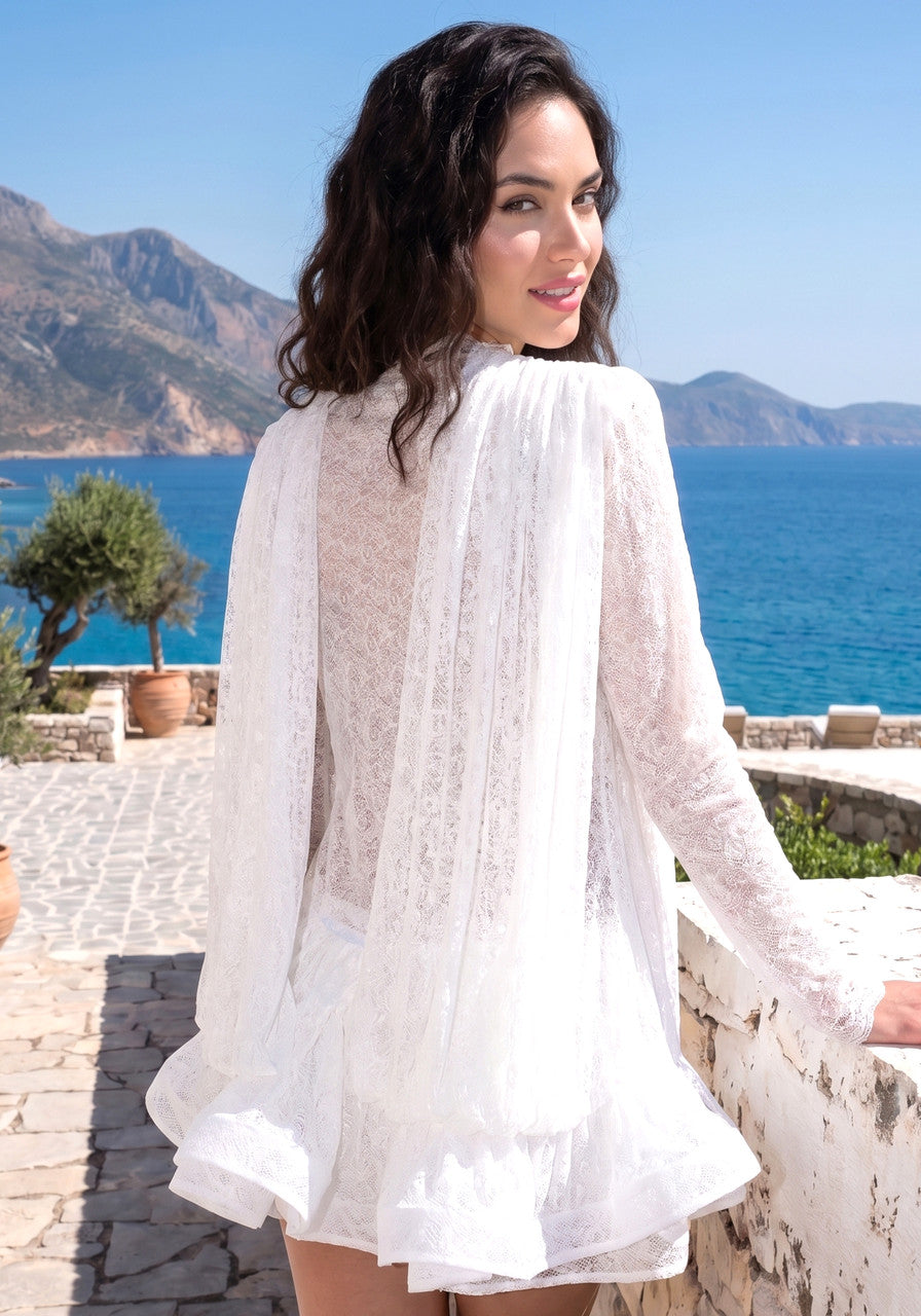 Long Sleeve Draped Ruffle Dress in White, photo 8 - Sunny's Fashion