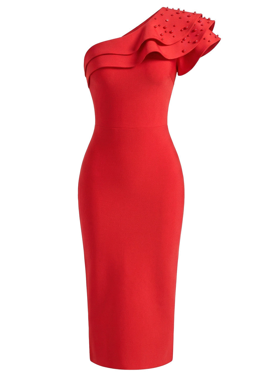 Ruffle One Shoulder Midi Dress in Red, photo 1 - Sunny's Fashion