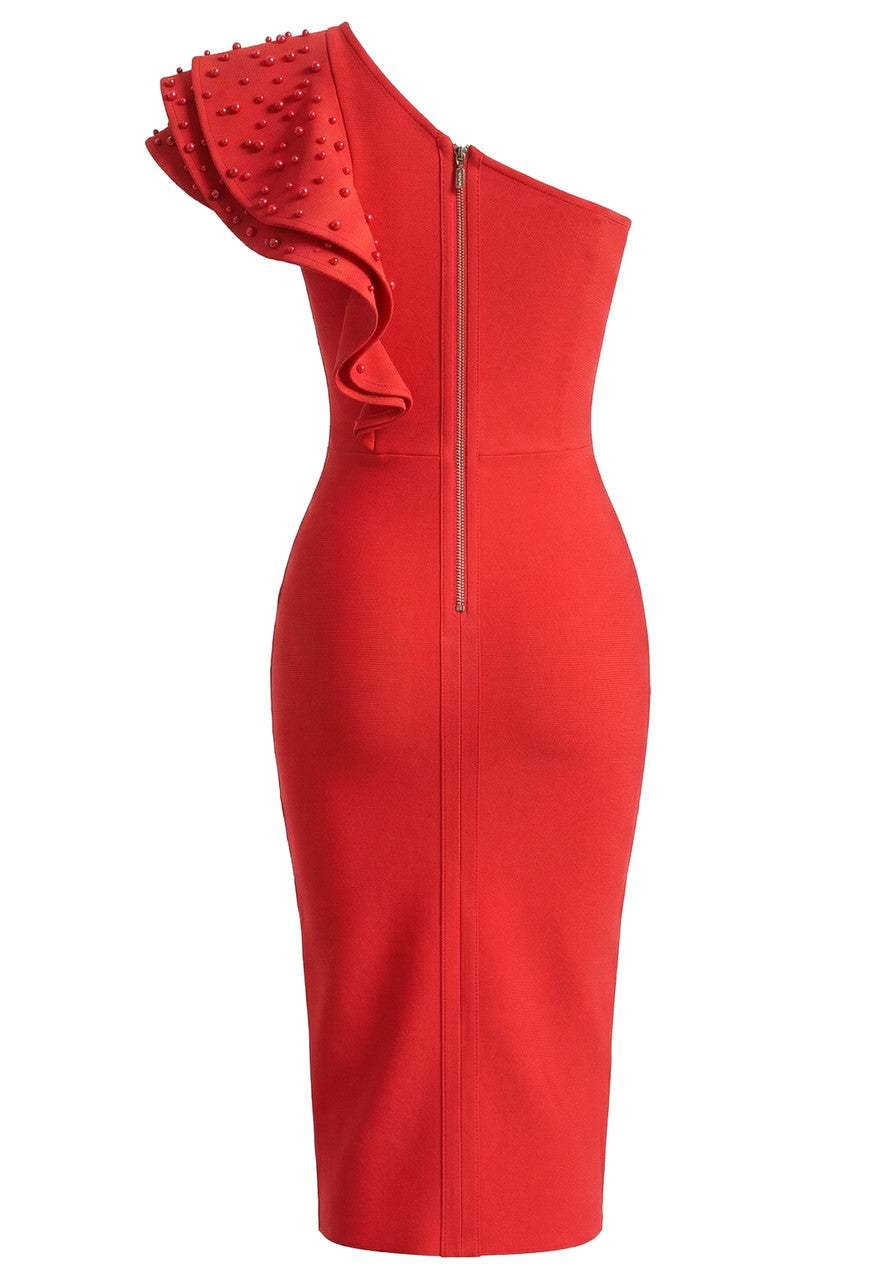 Ruffle One Shoulder Midi Dress in Red, photo 2 - Sunny's Fashion
