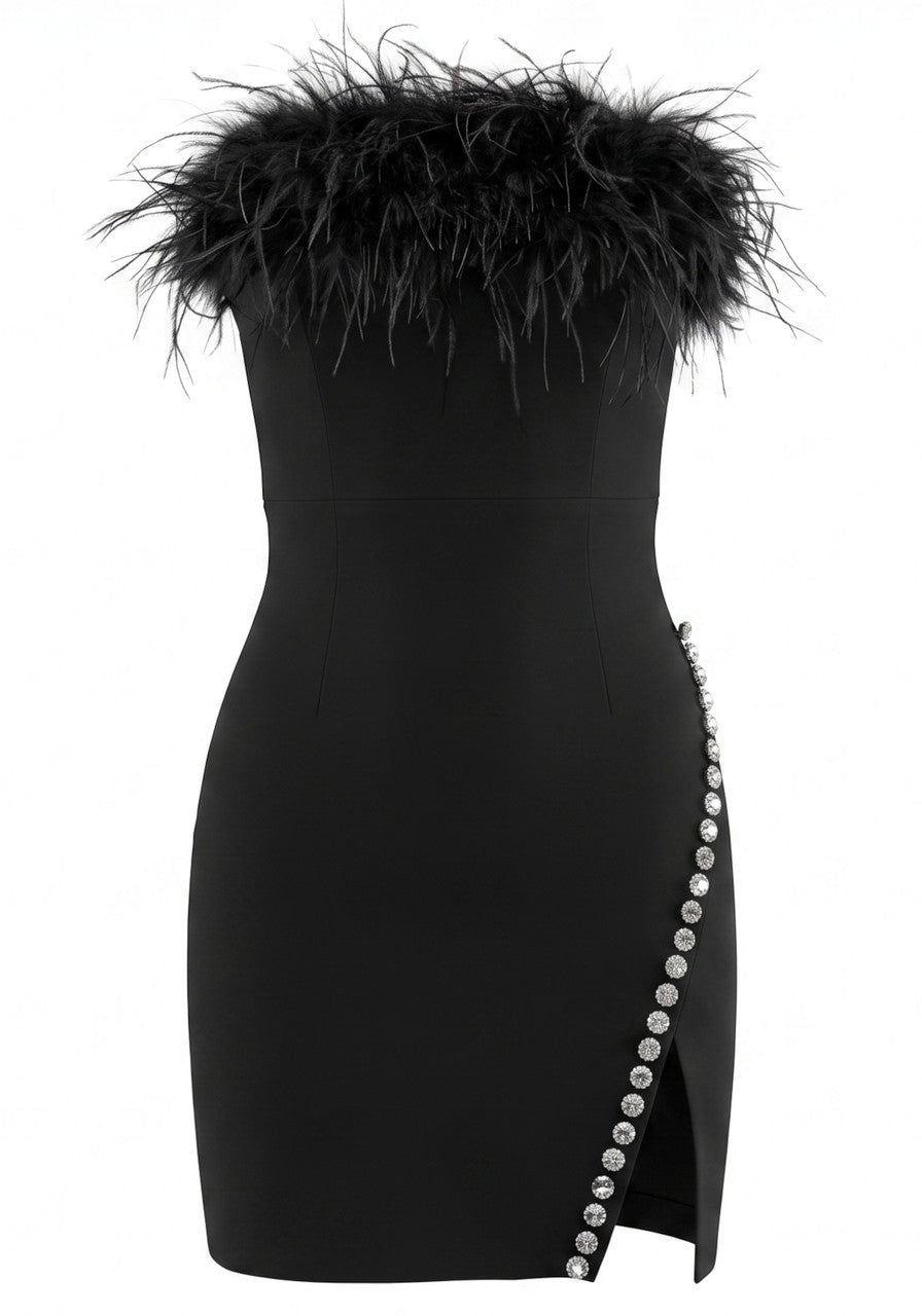 Strapless Feather Crystal Dress in Black, photo 1 - Sunny's Fashion