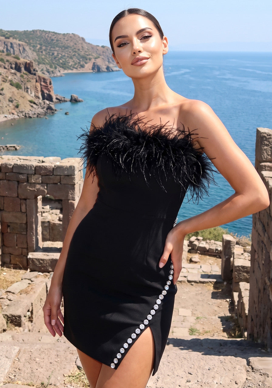 Strapless Feather Crystal Dress in Black, photo 7 - Sunny's Fashion