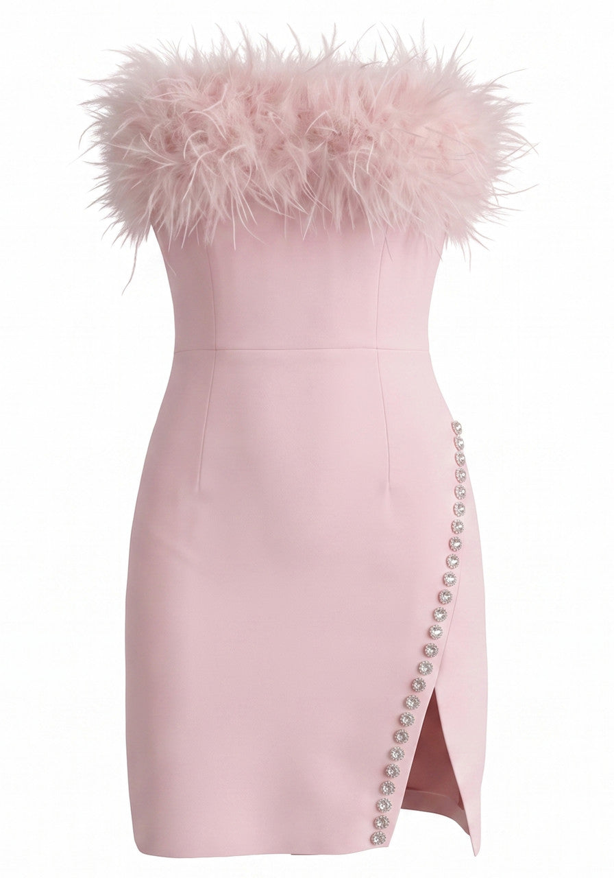 Strapless Feather Crystal Dress in Pink, photo 1 - Sunny's Fashion