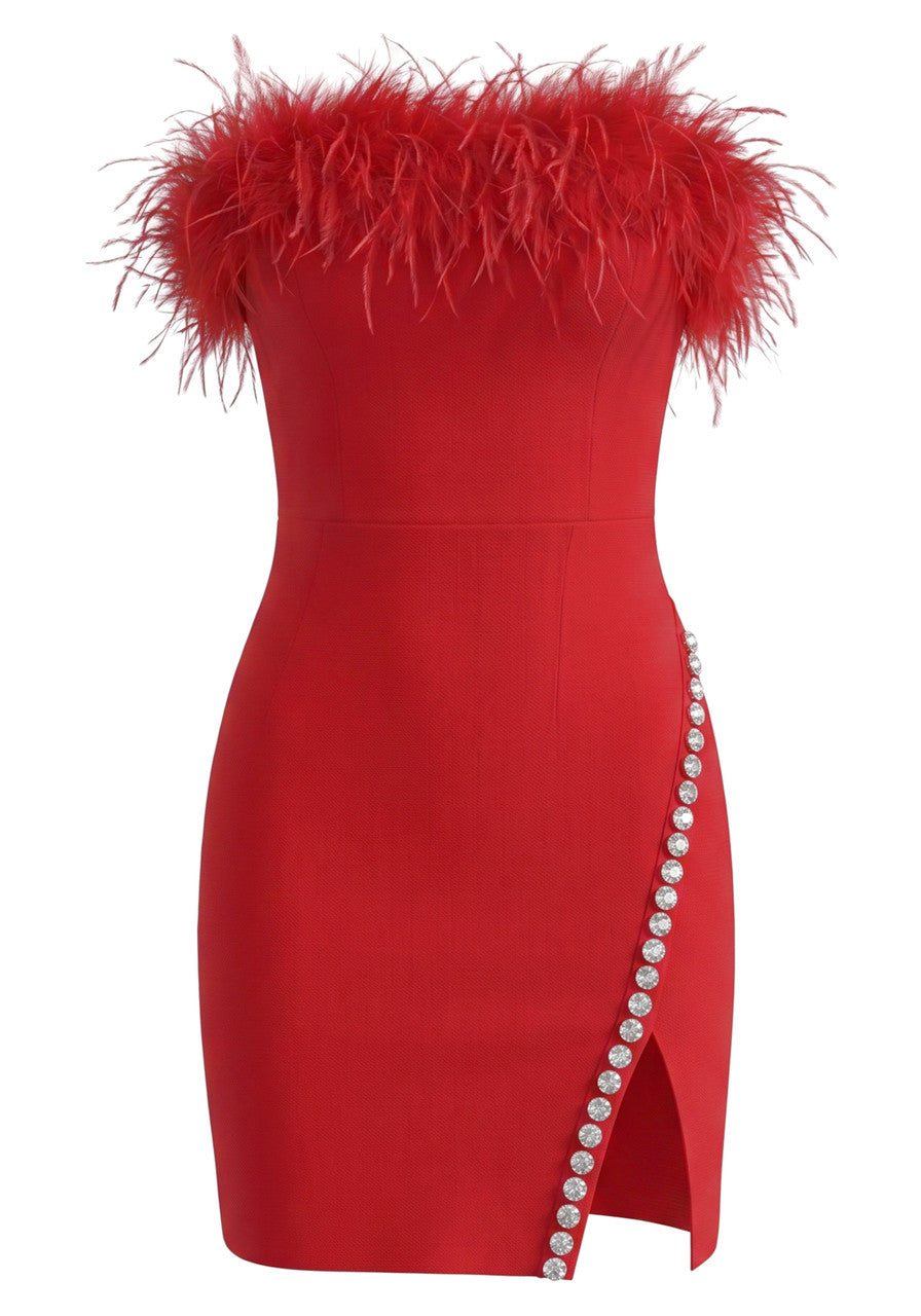 Strapless Feather Crystal Dress in Red, photo 1 - Sunny's Fashion