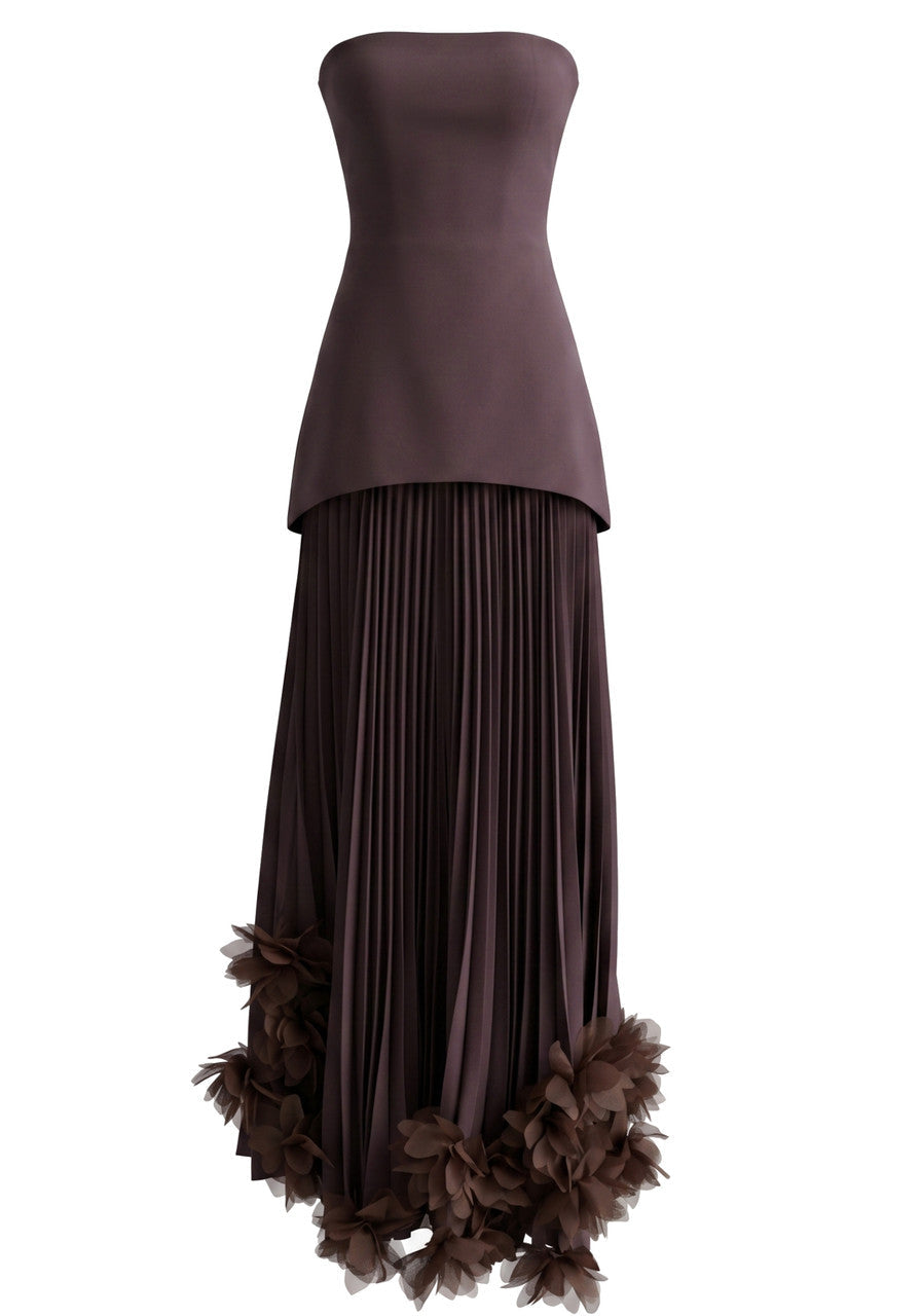 Strapless Pleated Feather Maxi Dress in Brown, photo 1 - Sunny's Fashion